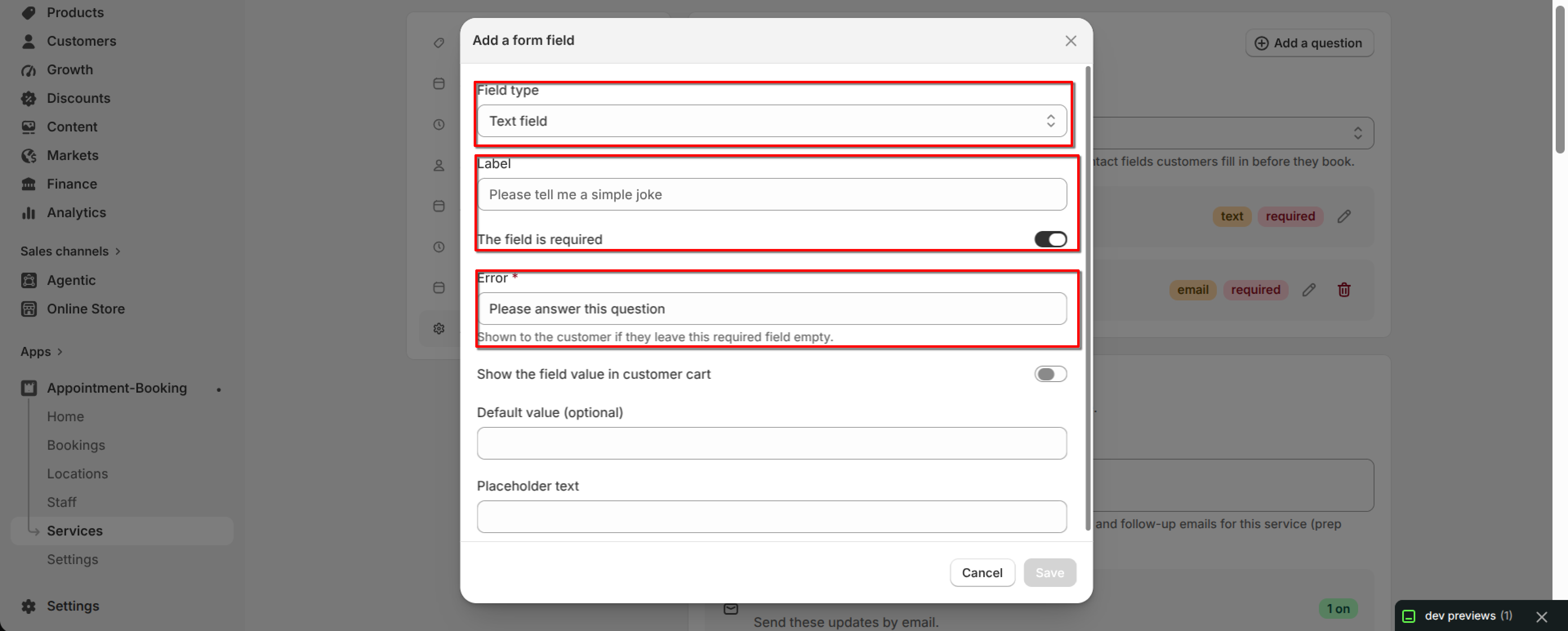 Add a form field dialog with Field type, Label, "The field is required" toggle, and Error fields highlighted